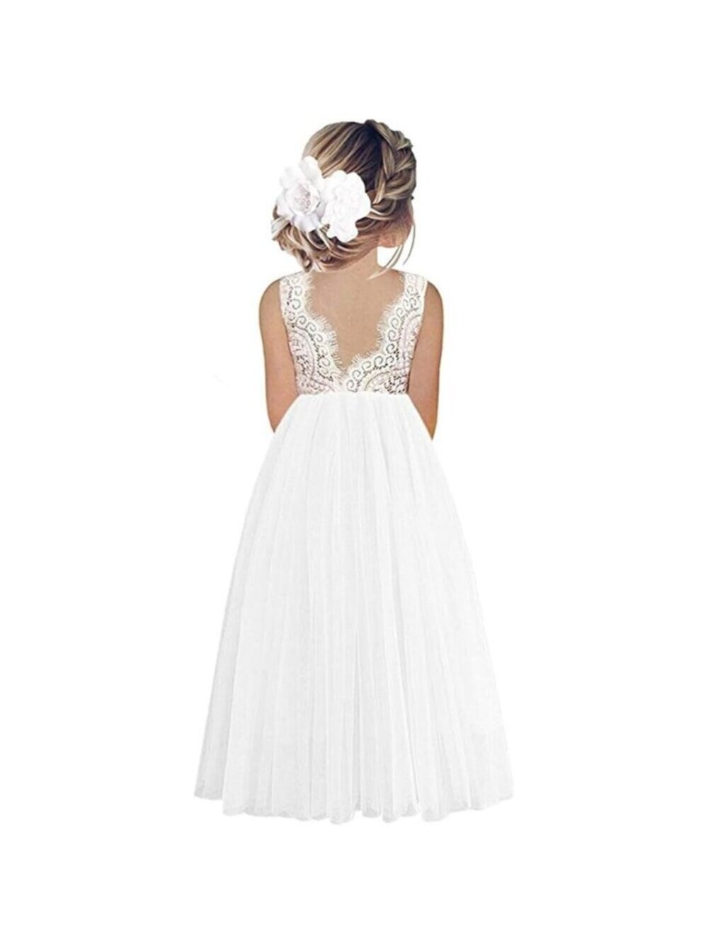 🆕Toddler Girls White Lace Cotton Tulle V Back Sleeveless Maxi Flower Girl Dress